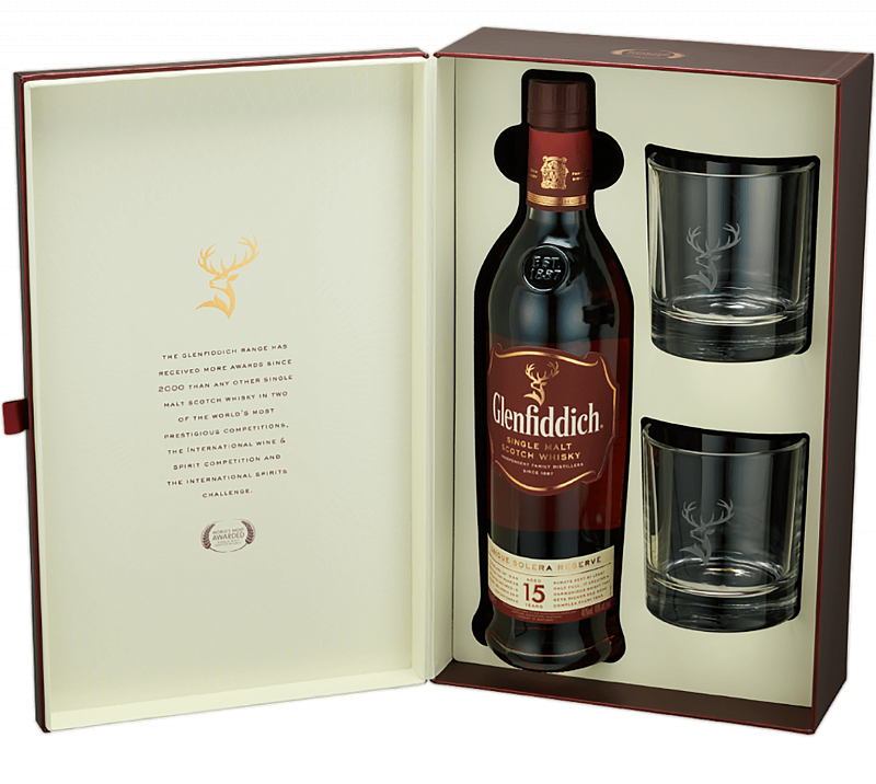 Гленфиддик 15 лет односолодовый шотландский виски в подарочной упаковке с двумя стаканами 0.75 л